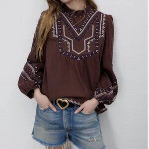 ZARA Linen Blend Embroidered Puff Sleeve Top Size M
